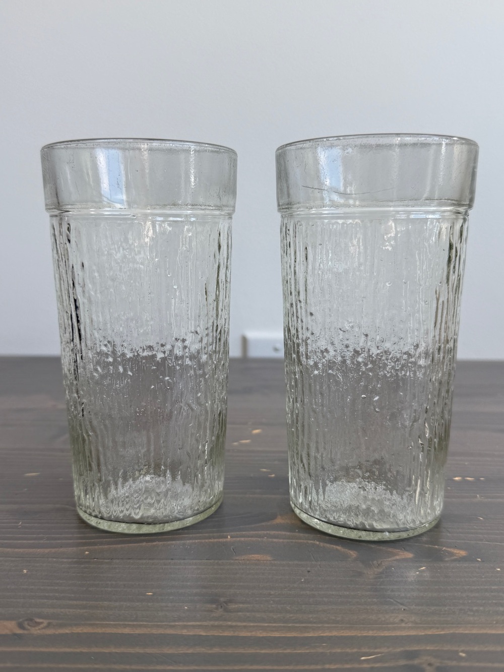 2 x vintage KERR drinking glasses  / clear bark or icicle textured design